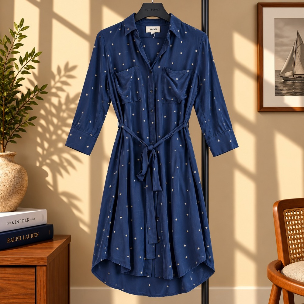 L'AGENCE Shirt Dress Women's XS TP Navy Gold Stars Print Silk Belted Long Sleeve